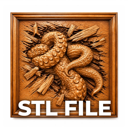 Kraken Tentacle CNC Relief STL File by Form Arcade: 3D illusion wall art of a Kraken tentacle breaking through a wooden frame, ideal for CNC woodworking projects. "STL FILE" in bold white at the bottom.