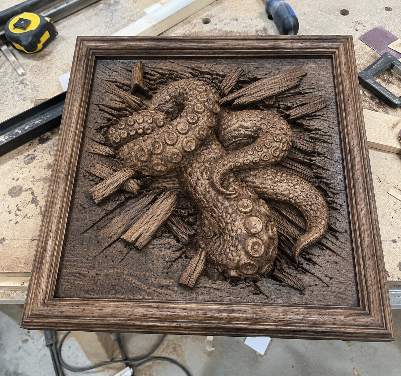 The Kraken Tentacle CNC Relief STL File by Form Arcade creates an eye-catching illusion wall art, featuring a detailed tentacle breaking through wood—perfect for adding impressive 3D effects to your CNC woodworking projects.
