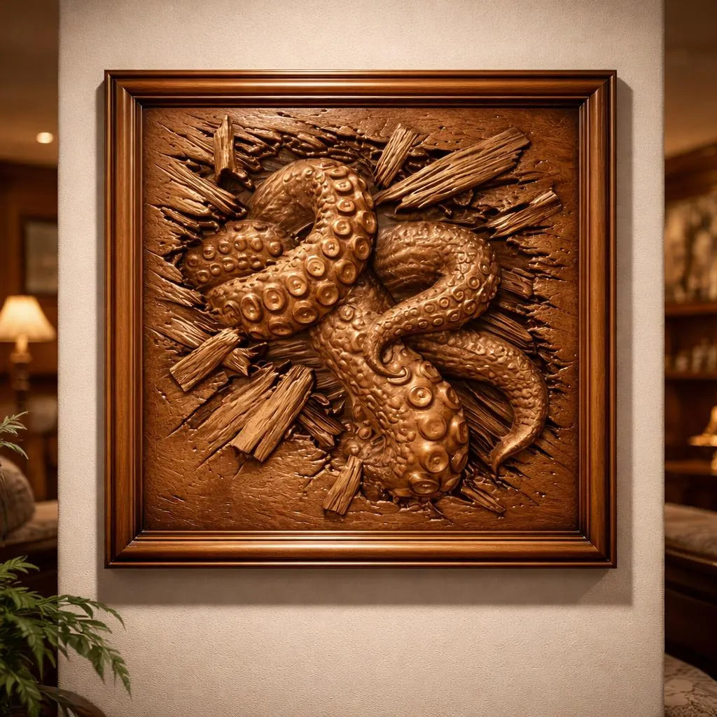The Kraken Tentacle CNC Relief STL File by Form Arcade creates dramatic illusion wall art with a detailed tentacle breaking through wooden planks—ideal inspiration for woodworking and perfect for an elegant, warmly lit living room.