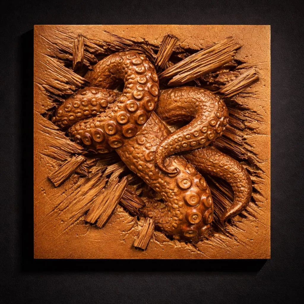 A sculpted bronze tentacle bursts through shattered wood in this dramatic, 3D Illusion CNC Wall Art. Perfect for woodworking or CNC projects with the Kraken Tentacle CNC Relief STL File by Form Arcade.