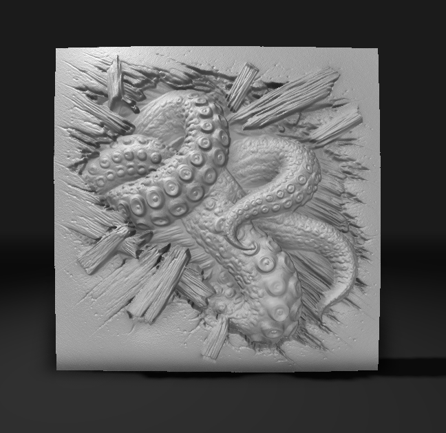 The Kraken Tentacle CNC Relief STL File by Form Arcade features a detailed tentacle bursting through splintered wood, ideal for illusion CNC wall art and unique woodworking projects.