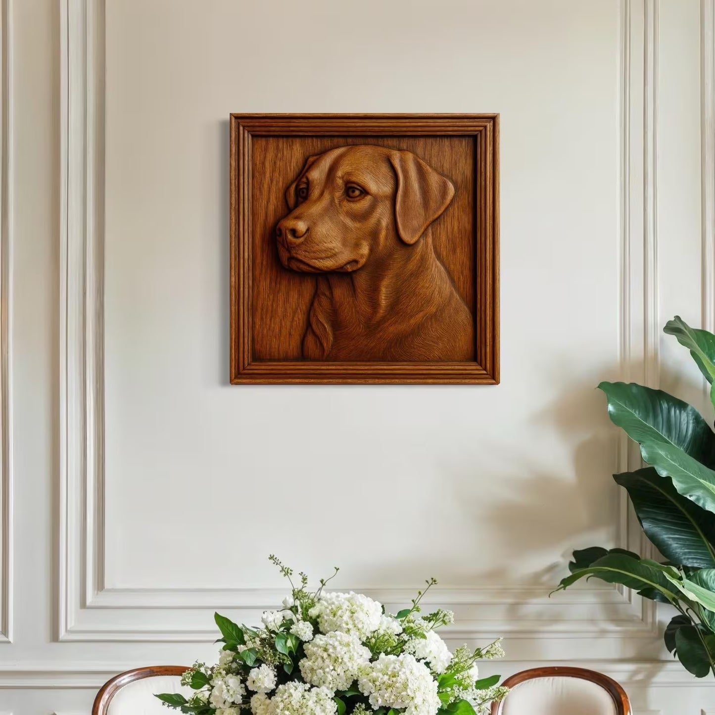 Framed Labrador dog CNC relief wall art displayed in a bright home interior, showing how the STL design looks as finished carved wood decor for wall mounting