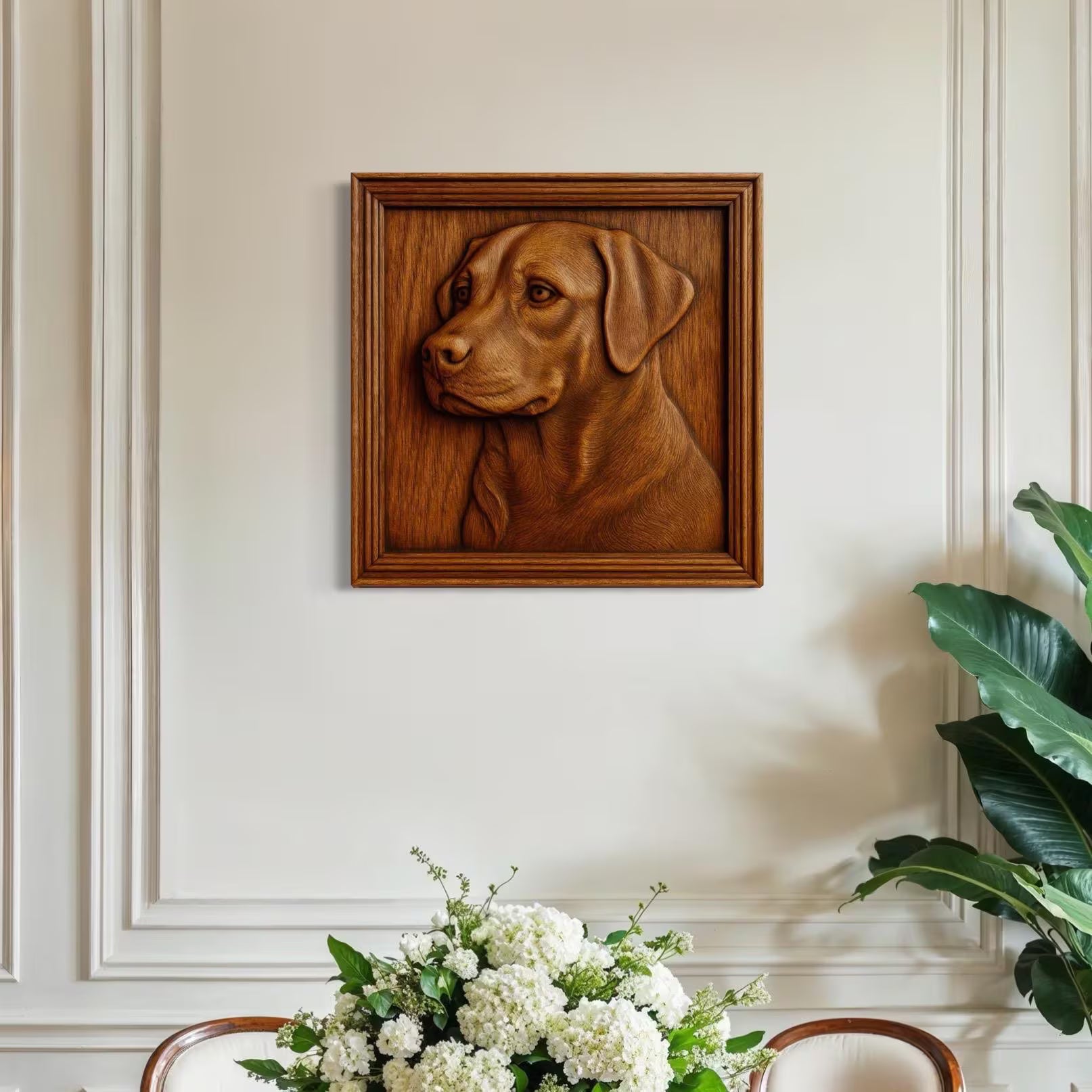 Framed Labrador dog CNC relief wall art displayed in a bright home interior, showing how the STL design looks as finished carved wood decor for wall mounting