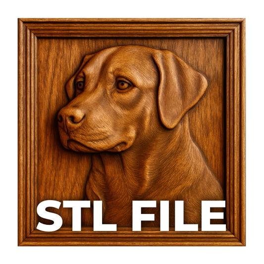 Labrador dog CNC relief STL file preview showing a framed wooden bas relief portrait of a Labrador retriever, designed for CNC carving and 3D printing wall art, labeled STL FILE