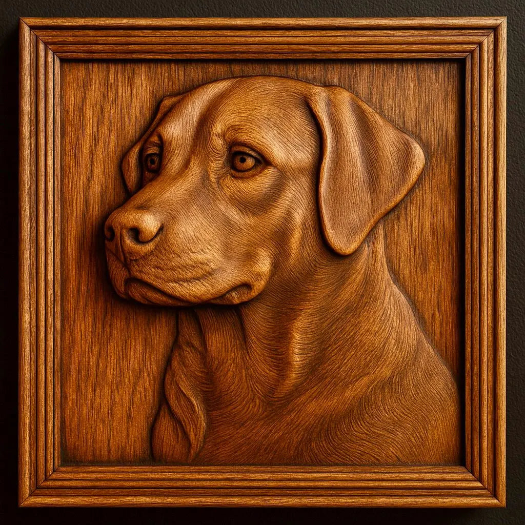 Detailed Labrador retriever CNC relief carving in stained wood showing realistic fur texture and depth, ideal for CNC router projects and decorative dog wall art panels