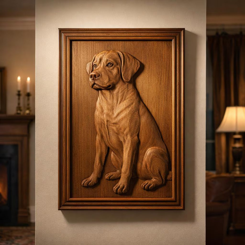 Labrador dog relief wall art mounted in a warm living room setting, framed wooden panel displayed above furniture with soft ambient lighting, scale and depth showing finished CNC carving result, perfect for home decor or gift display use