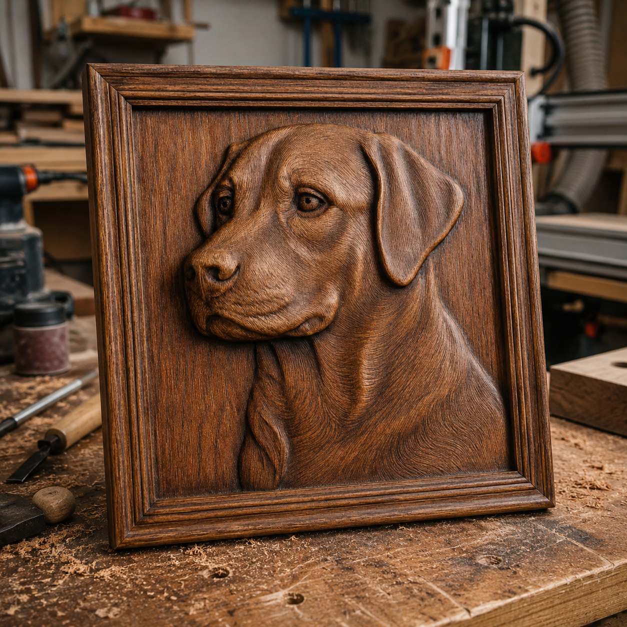 On a busy woodworking bench, surrounded by tools and wood shavings, sits the "Labrador Dog Relief STL File | CNC Wall Art" by Form Arcade—a detailed wooden relief carving of a Labrador dog's head in a square frame. Ideal for woodworking enthusiasts, this decorative wall art offers the perfect STL file for your next carving project.