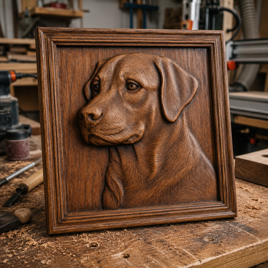 On a busy woodworking bench, surrounded by tools and wood shavings, sits the "Labrador Dog Relief STL File | CNC Wall Art" by Form Arcade—a detailed wooden relief carving of a Labrador dog's head in a square frame. Ideal for woodworking enthusiasts, this decorative wall art offers the perfect STL file for your next carving project.