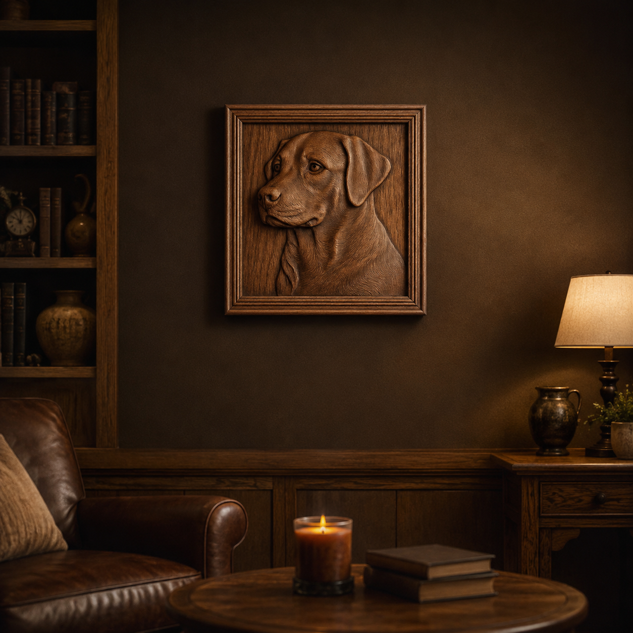 A cozy living room with a leather chair, bookshelves, a lit candle, and a lamp. Above the chair hangs decorative wall art—a wooden piece crafted from the "Labrador Dog Relief STL File | CNC Wall Art" by Form Arcade—perfect for adding charm to your space.
