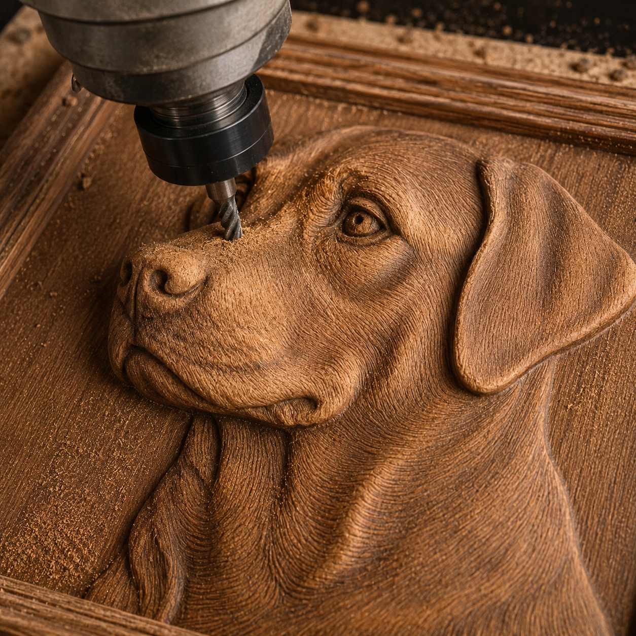 A CNC machine uses the Labrador Dog Relief STL File by Form Arcade to carve a detailed and realistic Labrador design into a wooden panel, turning it into eye-catching wall art. Wood shavings surround the piece, highlighting the craftsmanship involved in creating this intricate CNC design.