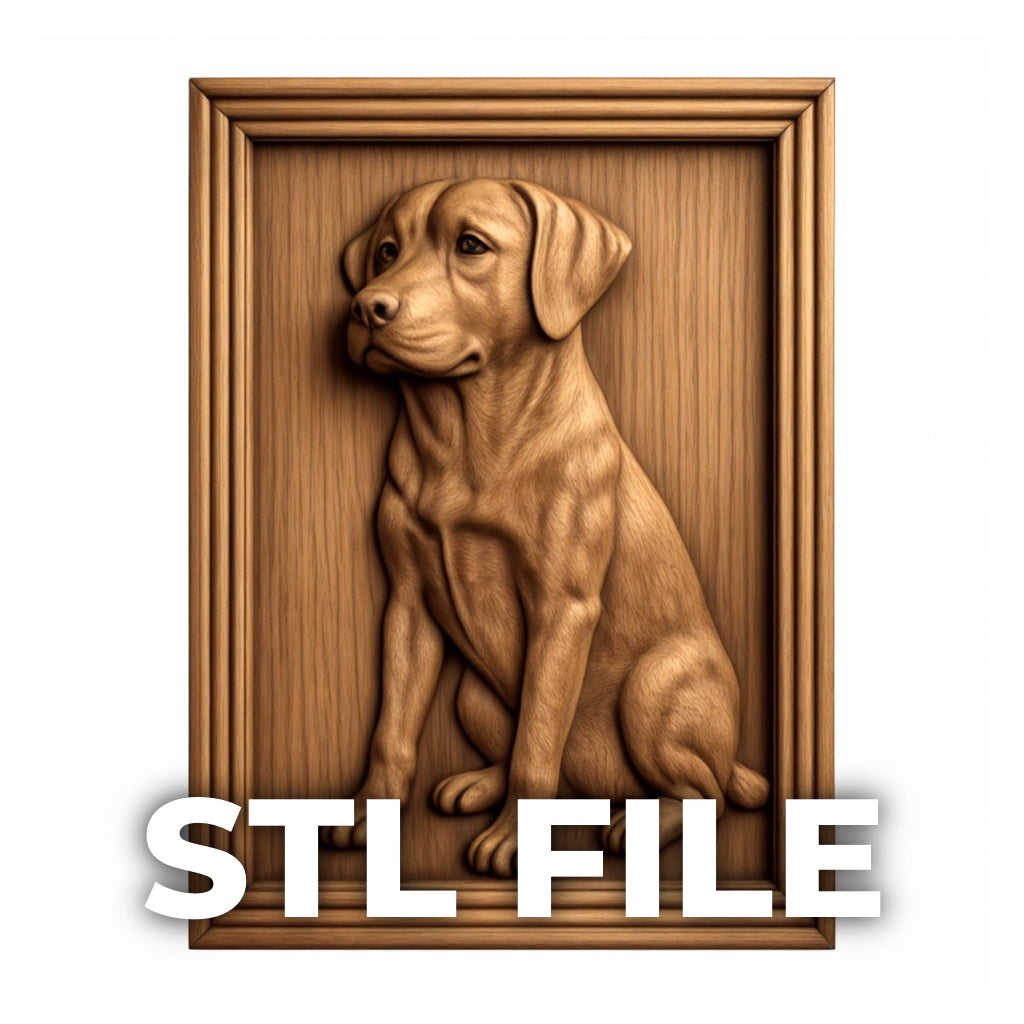 Labrador dog portrait relief carved into wood panel with smooth depth and clean detailing, framed square composition showing a sitting Labrador facing slightly to the side, natural wood grain visible throughout with soft lighting emphasizing contours, STL file preview for CNC carving and wall art display