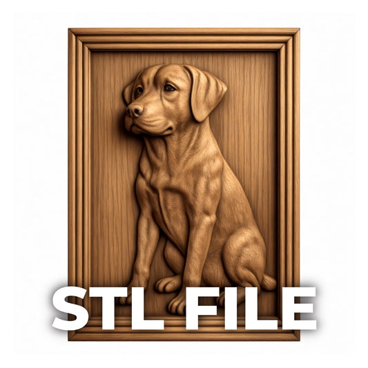 Labrador dog portrait relief carved into wood panel with smooth depth and clean detailing, framed square composition showing a sitting Labrador facing slightly to the side, natural wood grain visible throughout with soft lighting emphasizing contours, STL file preview for CNC carving and wall art display