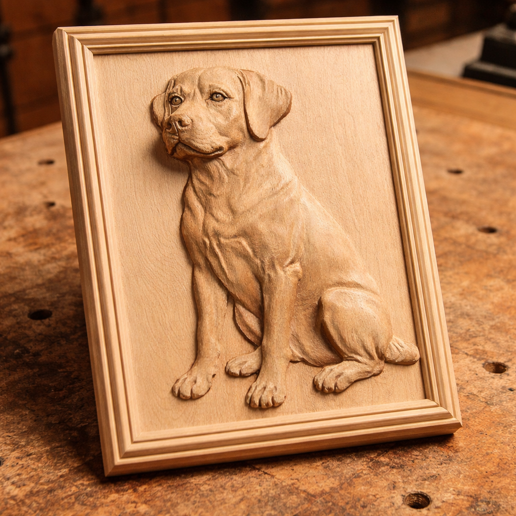 Labrador dog relief carving on unfinished wood panel placed on a workbench, visible tool marks and natural grain showing raw CNC carving output, angled view emphasizing depth and cut detail, realistic workshop environment for makers and hobbyists
