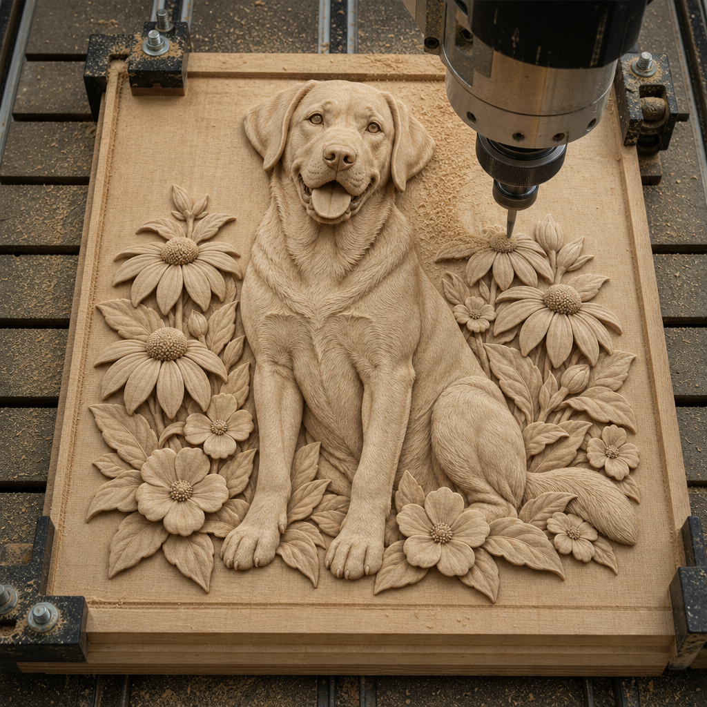 CNC router cutting a seated Labrador and flower relief into a wood panel on the machine bed.