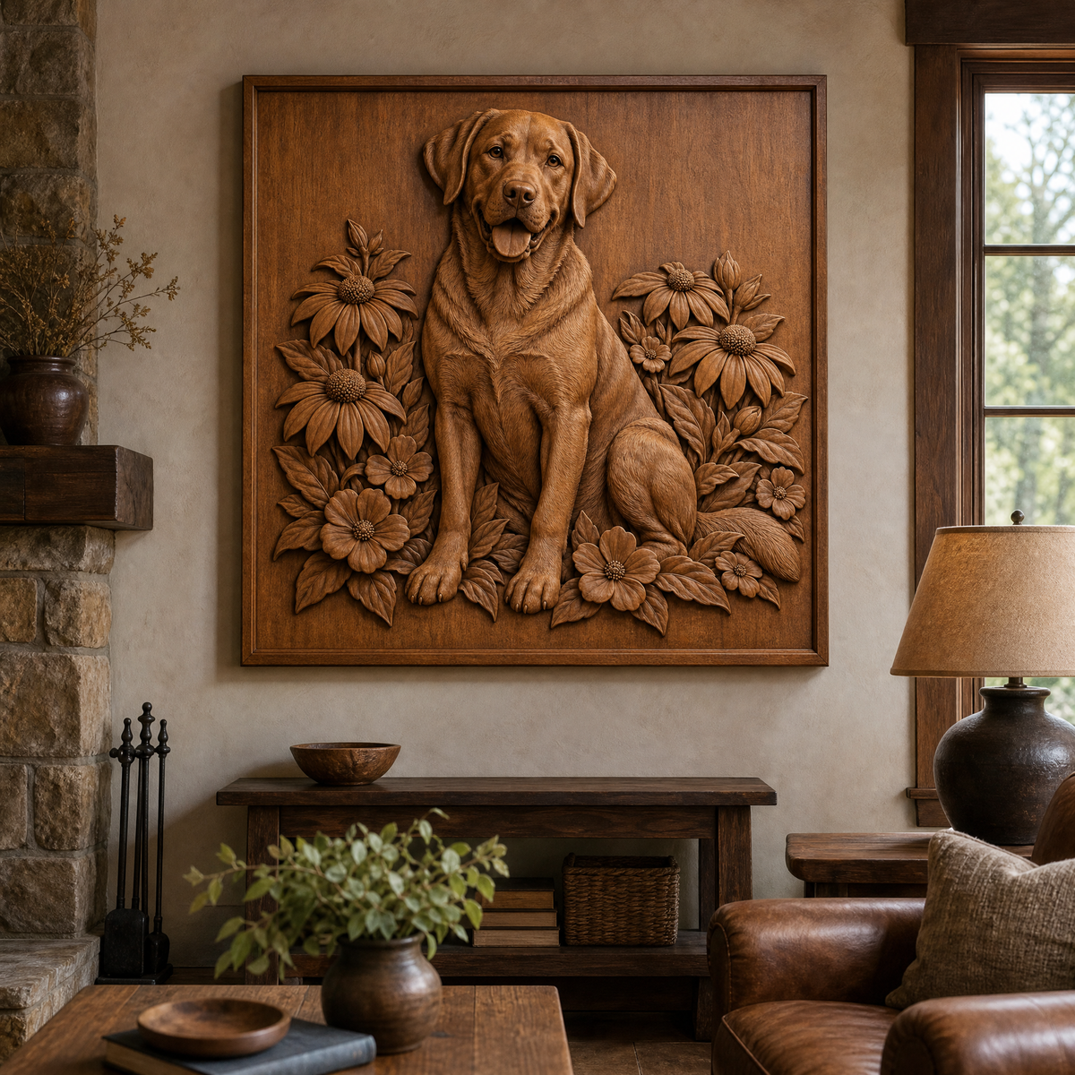 Framed Labrador and flower CNC relief displayed on a living room wall above a console.