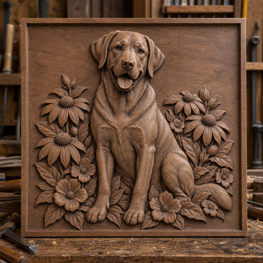 Framed CNC wood relief of a seated Labrador with flowers, shown on a workshop bench.