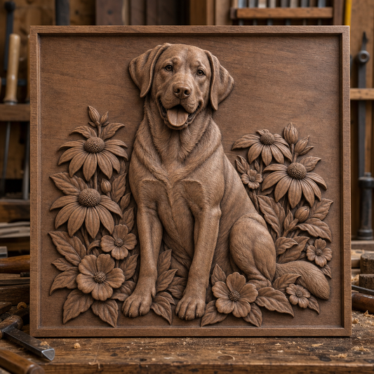 Framed CNC wood relief of a seated Labrador with flowers, shown on a workshop bench.
