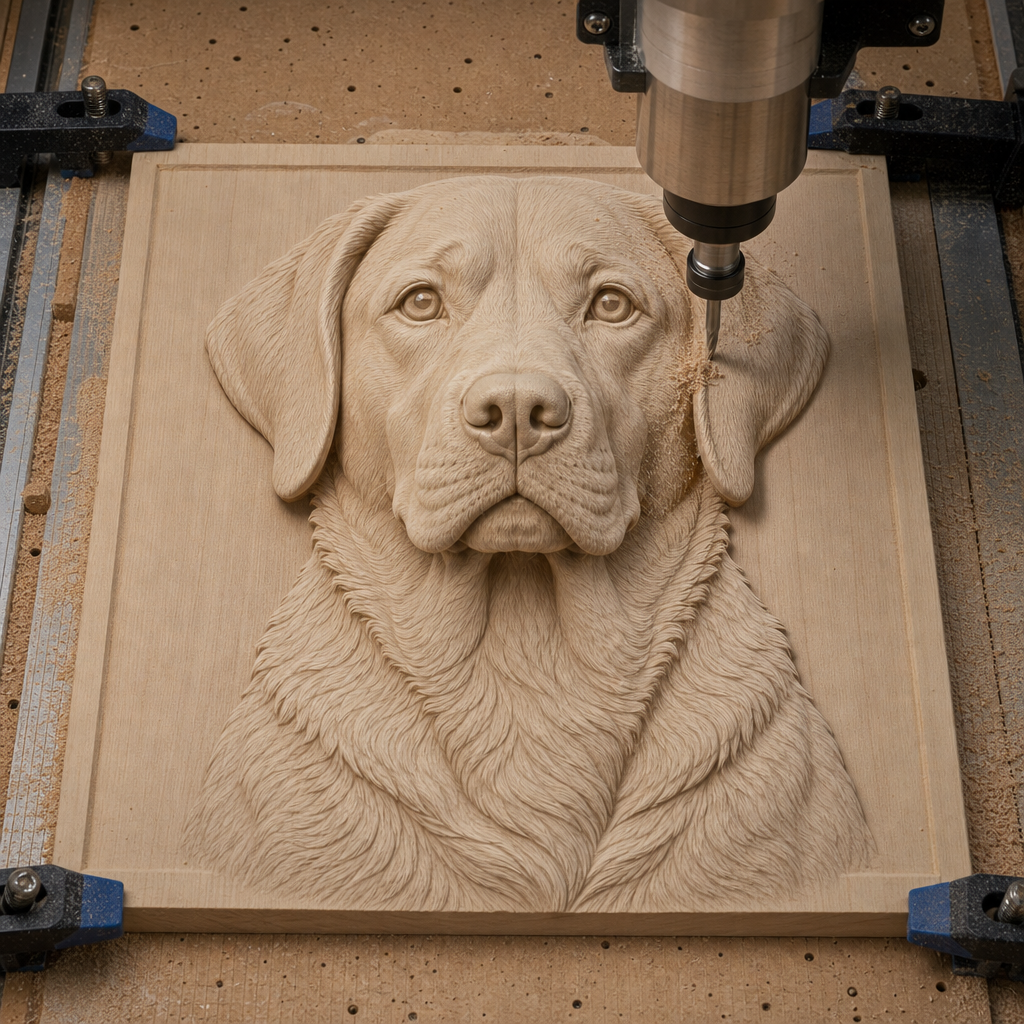CNC spindle cutting a pale wood Labrador head and chest relief, secured on the machine bed.