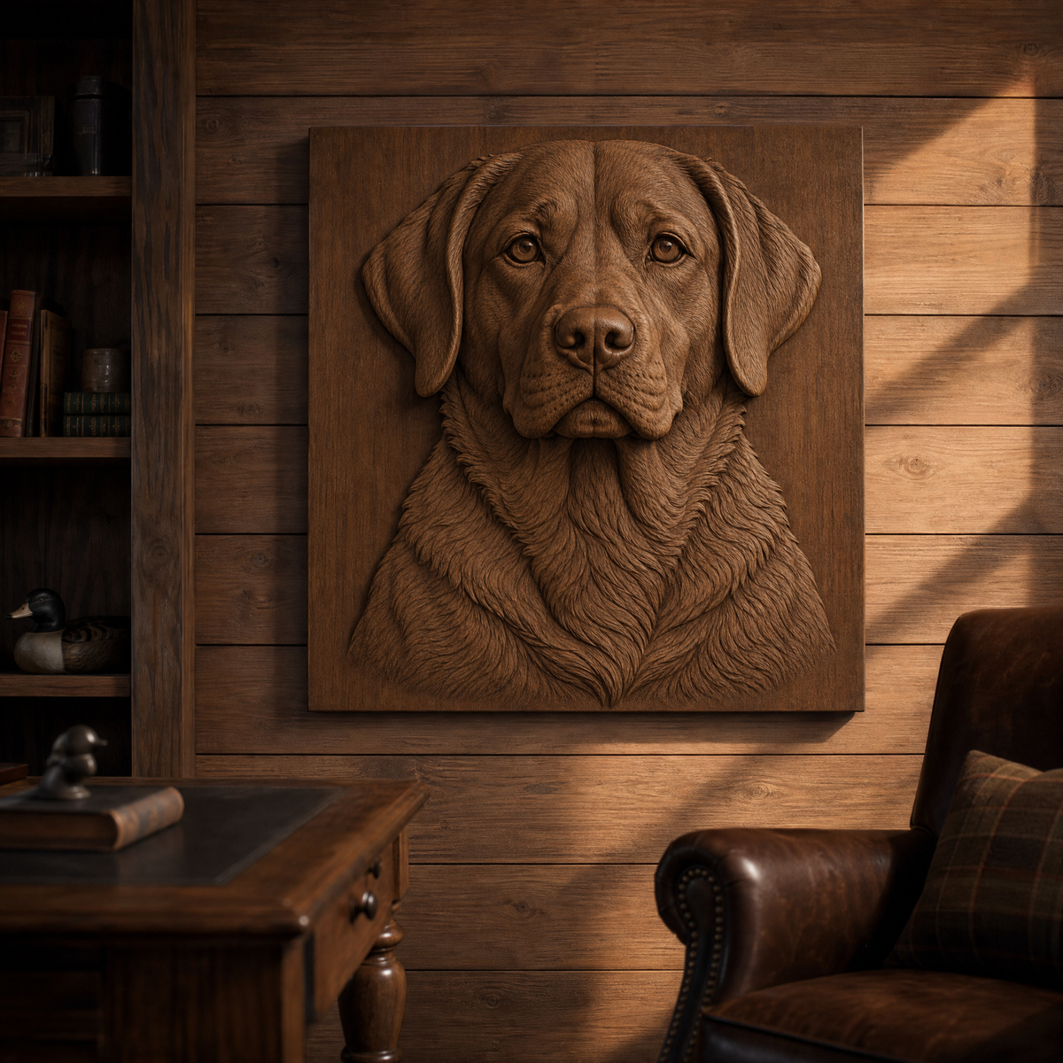 Framed Labrador head and chest CNC wood relief displayed on a rustic wood-paneled room wall.