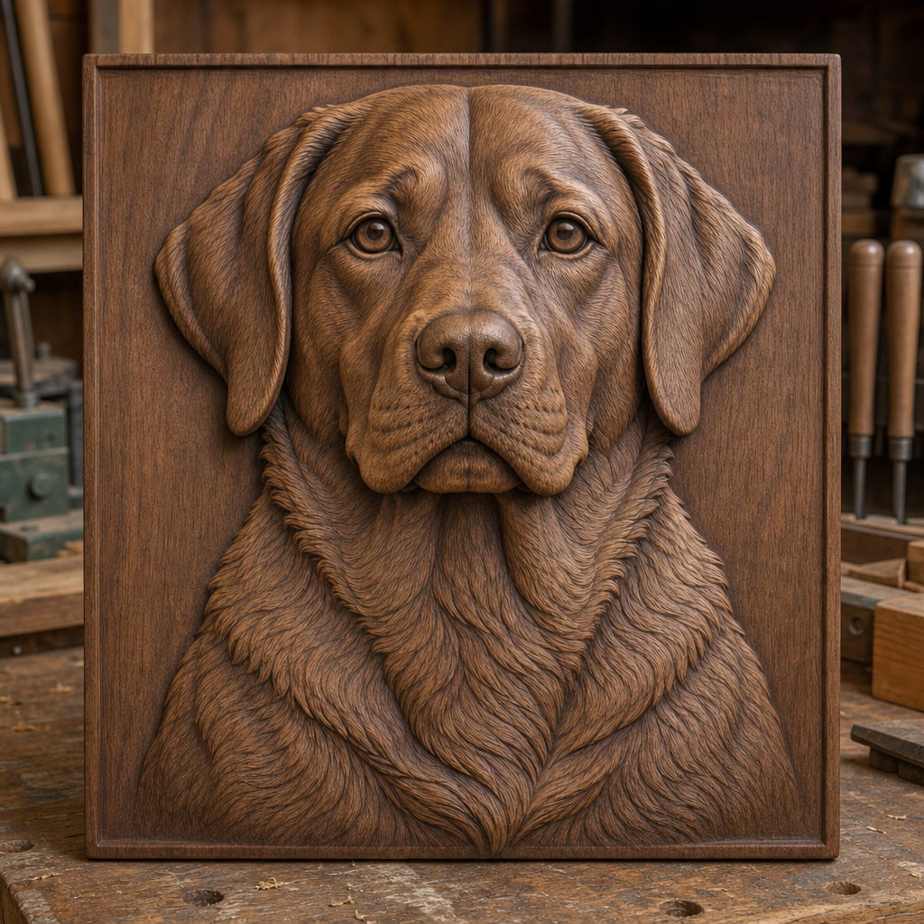 Detailed Labrador head and chest in a dark wood CNC relief panel, shown framed on a woodworking bench.