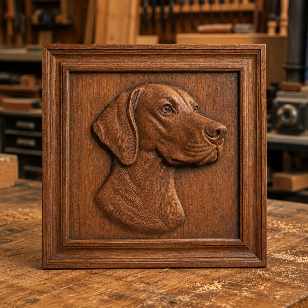 The Form Arcade Labrador Retriever Dog CNC Relief STL File showcases a dog’s head as wall art, presented in a square panel on a workshop bench surrounded by tools and wood materials.