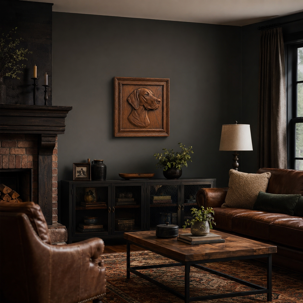 A cozy living room with dark walls, brown leather sofas, and a fireplace. Above a black console with decor and plants hangs the Form Arcade ‘Labrador Retriever Dog CNC Relief STL File’ wall art.