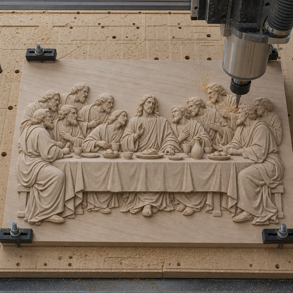 CNC machine positioned over a light wood Last Supper relief secured to a worktable, with the figures and table scene visible.