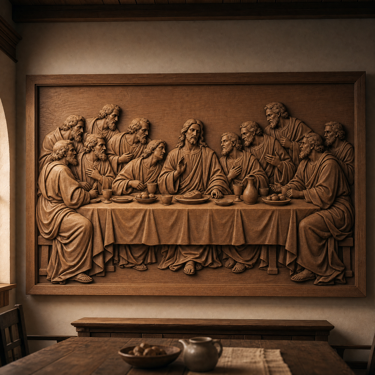 Framed CNC wood relief of Jesus and the apostles at the Last Supper displayed on a wall above a console table.