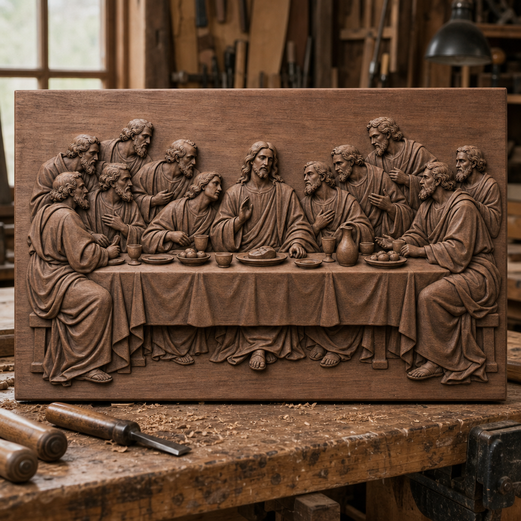 CNC wood relief of Jesus and the apostles at the Last Supper, shown on a workshop bench with tools and wood shavings.