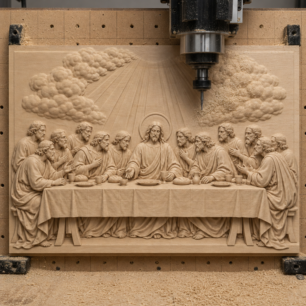 CNC cutting machine carving a Last Supper relief into a wood panel, with Jesus, disciples, clouds, and rays visible.