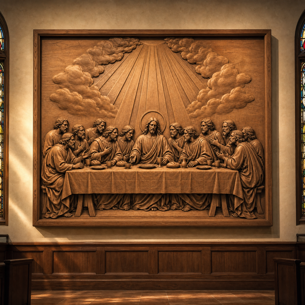 CNC wood relief of the Last Supper mounted on a church wall, with Jesus and disciples seated at a long table.