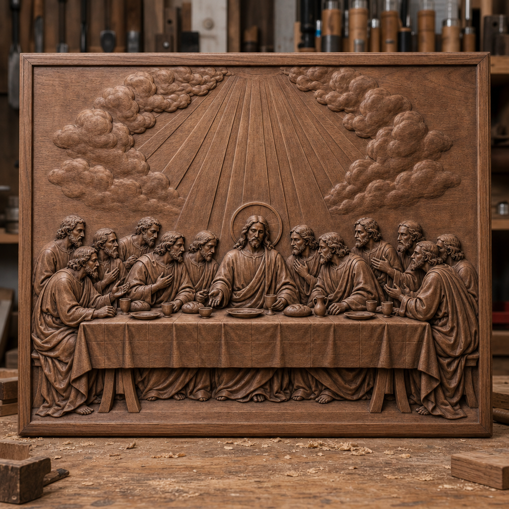 Framed brown CNC wood relief of the Last Supper with Jesus and disciples at a table, displayed in a woodworking shop.