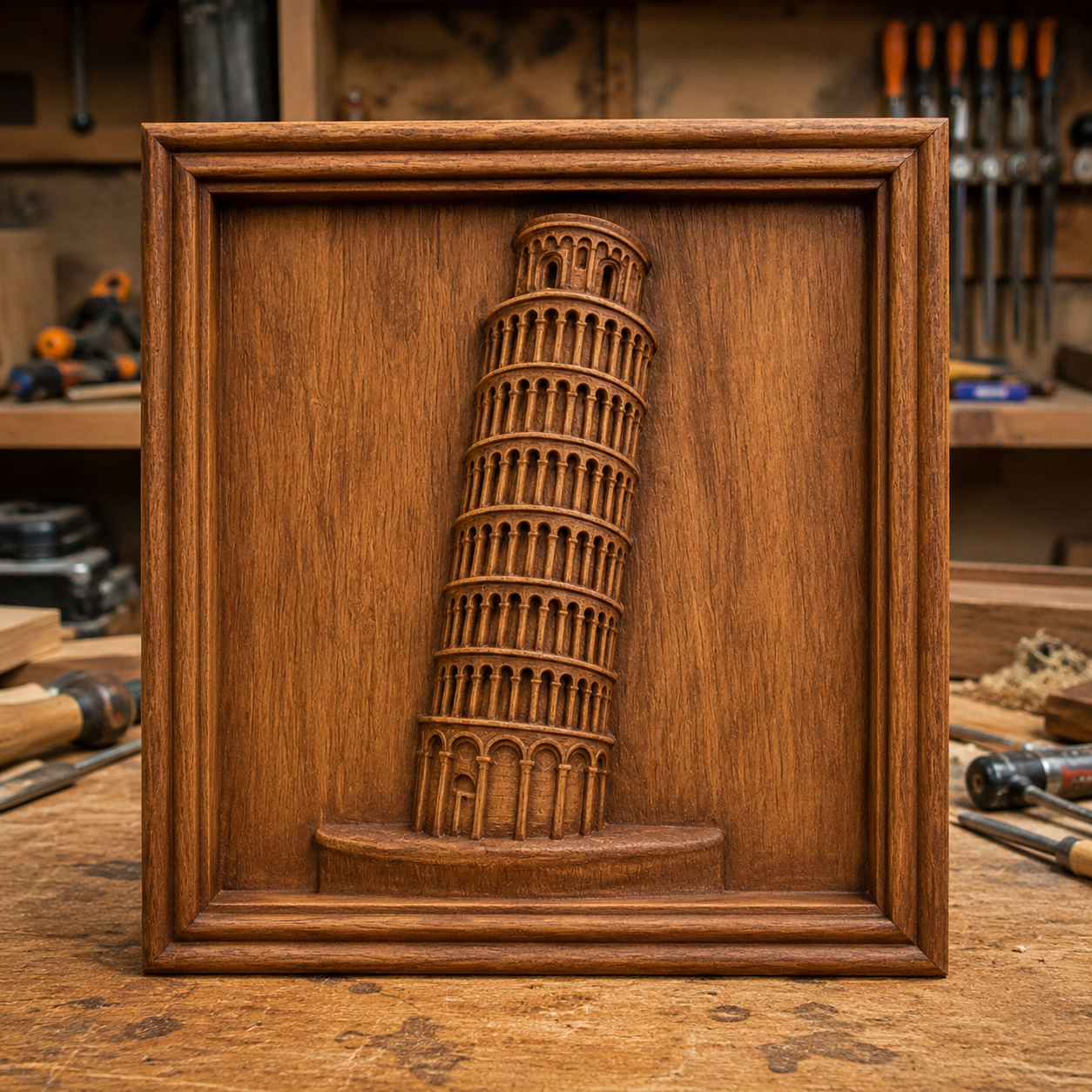 The Leaning Tower of Pisa Relief STL File by Form Arcade is displayed on a workbench in a workshop, surrounded by tools. This CNC wall art captures the landmark’s intricate details in every line, perfect for decorative woodworking projects.