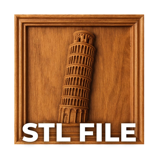 Leaning Tower of Pisa relief STL file thumbnail showing a carved wooden bas-relief panel with a framed border and bold STL FILE text across the bottom. The famous Pisa landmark is shown in raised detail with visible arches, stacked columns, warm wood grain, and angled lighting that highlights depth, making this travel-inspired CNC wall art design stand out as a digital file for carving or 3D printing.
