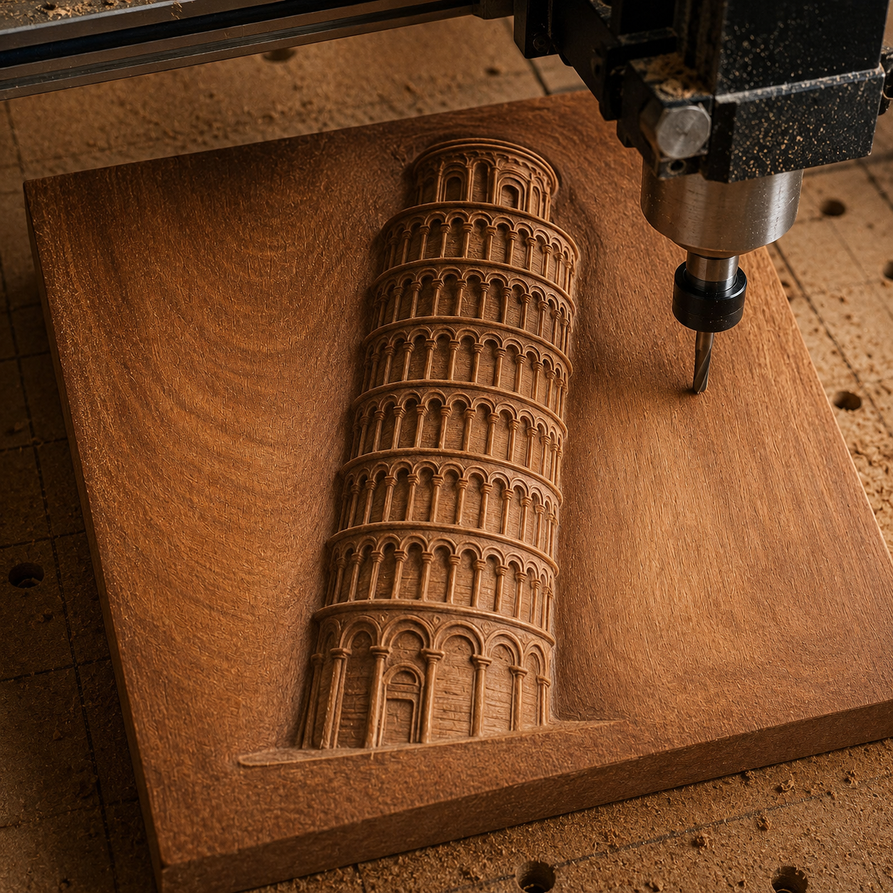 The Leaning Tower of Pisa Relief STL File by Form Arcade lets you CNC carve a detailed 3D Pisa landmark into wood, creating unique wall art with fine shavings scattered as the sculpture takes shape.