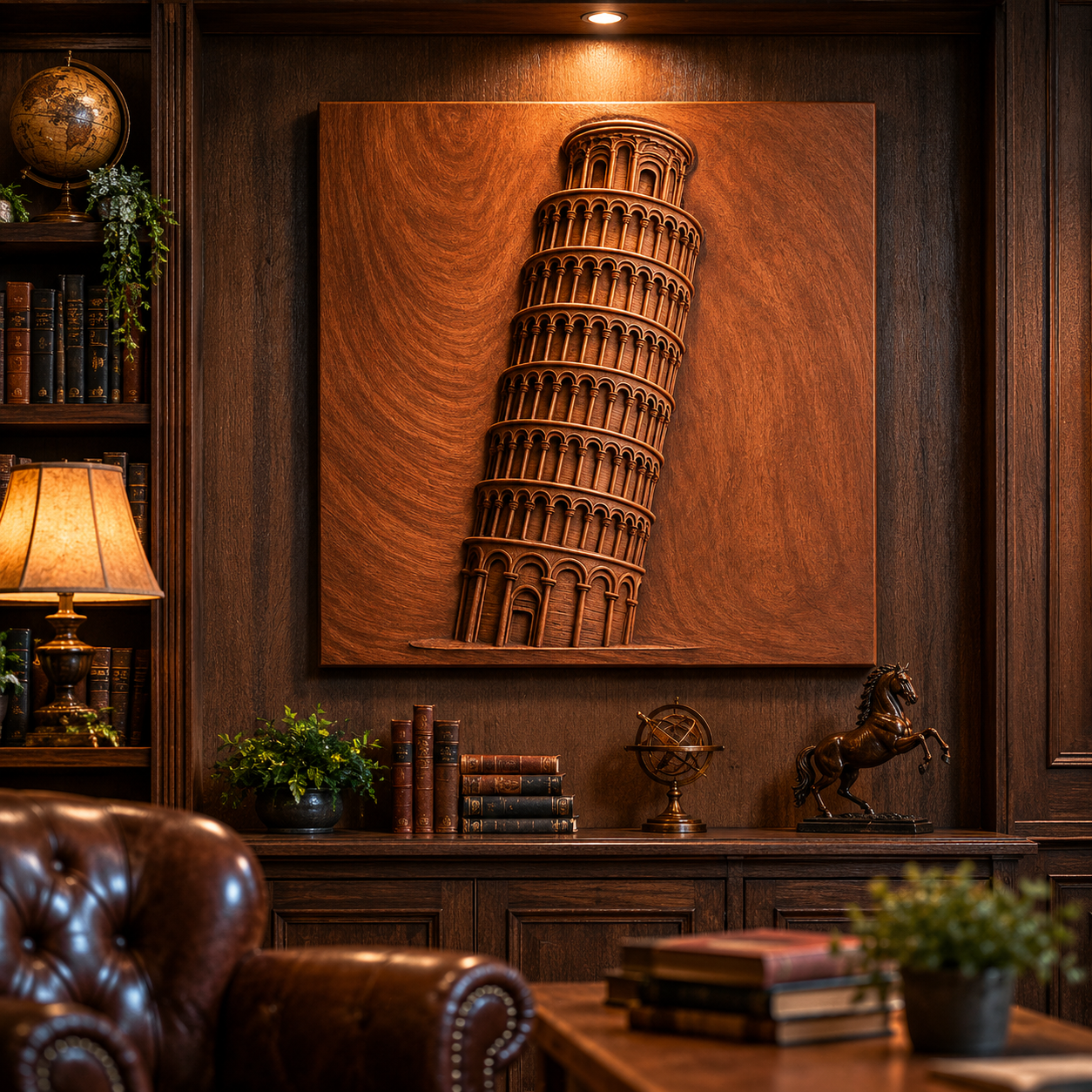 A cozy, wood-paneled study features leather furniture, bookshelves, and a spotlighted Leaning Tower of Pisa Relief STL File by Form Arcade—a CNC-carved wall art of the famous landmark.