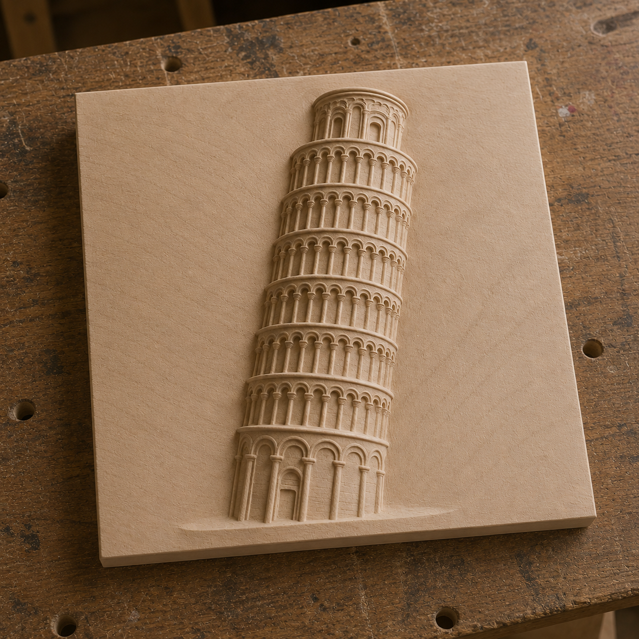 A CNC relief of the Leaning Tower of Pisa, crafted from light wood and inspired by the "Leaning Tower of Pisa Relief STL File | Pisa Landmark CNC Wall Art" from Form Arcade, rests on a workbench showing holes and grain.