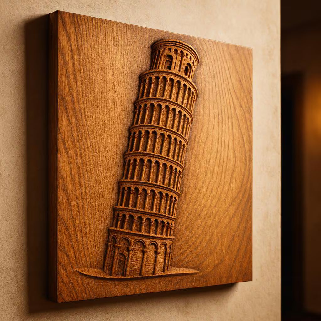 Angled side view of a Leaning Tower of Pisa relief carving mounted as a wooden wall panel, showing thickness, edge depth, and warm natural grain. The Pisa landmark stands out in raised architectural detail with visible arches and soft lighting that gives the piece a finished handcrafted look. This image helps show the relief STL design as dimensional CNC wall art for landmark decor, carving projects, and travel-inspired displays.