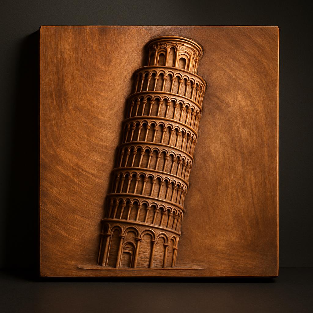 Close view of a Leaning Tower of Pisa relief carving on a square wooden panel with rich grain and dark background. The Pisa landmark is shown in raised bas-relief with detailed arches, layered architectural texture, and warm shadows that emphasize carving depth. This image highlights the monument-style STL design for CNC carving, architectural wall art projects, and 3D printed landmark decor.