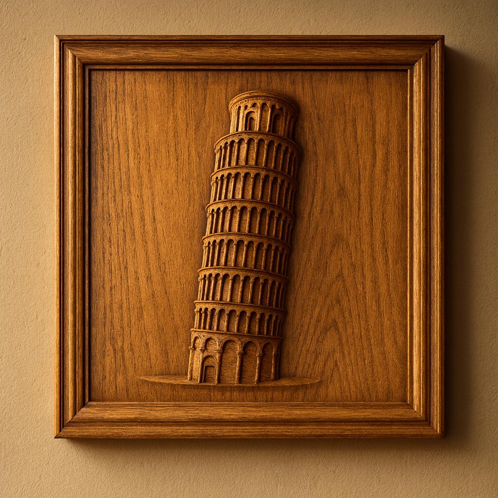 Framed wooden relief of the Leaning Tower of Pisa with strong depth and natural wood grain, displayed as finished wall art with warm lighting and realistic shadows from CNC carving