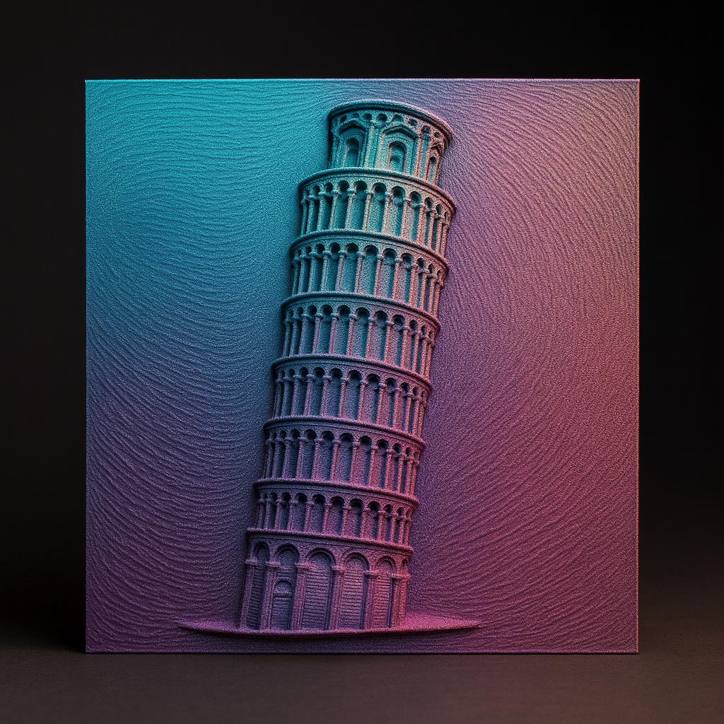 Leaning Tower of Pisa bas relief shown in a smooth gradient color print with layered depth and clean structure detail, representing a 3D printed version of the CNC STL file