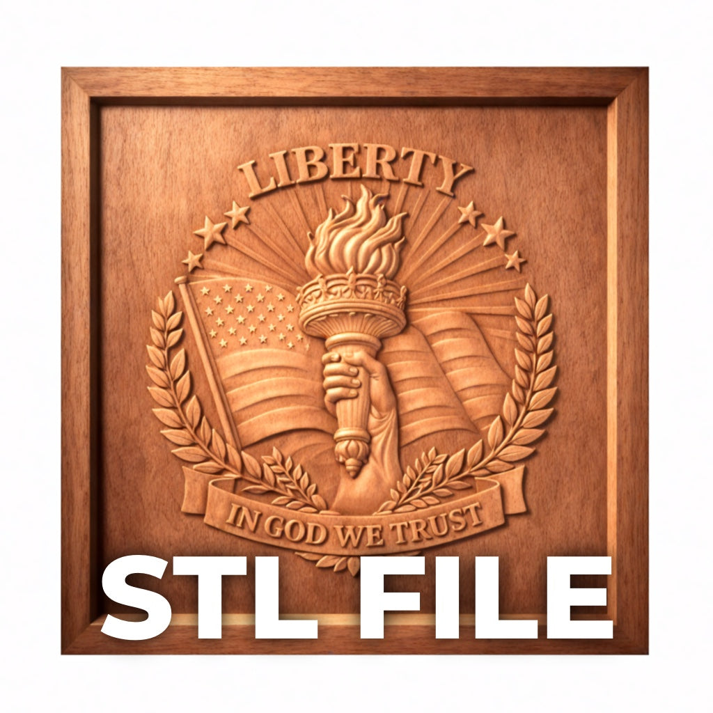 Form Arcade’s Liberty Torch Crest Relief STL File features a torch, American flag, stars, laurel wreath, and the words LIBERTY and IN GOD WE TRUST—ideal for patriotic CNC wall art or 3D printing; "STL FILE" displayed at the bottom.
