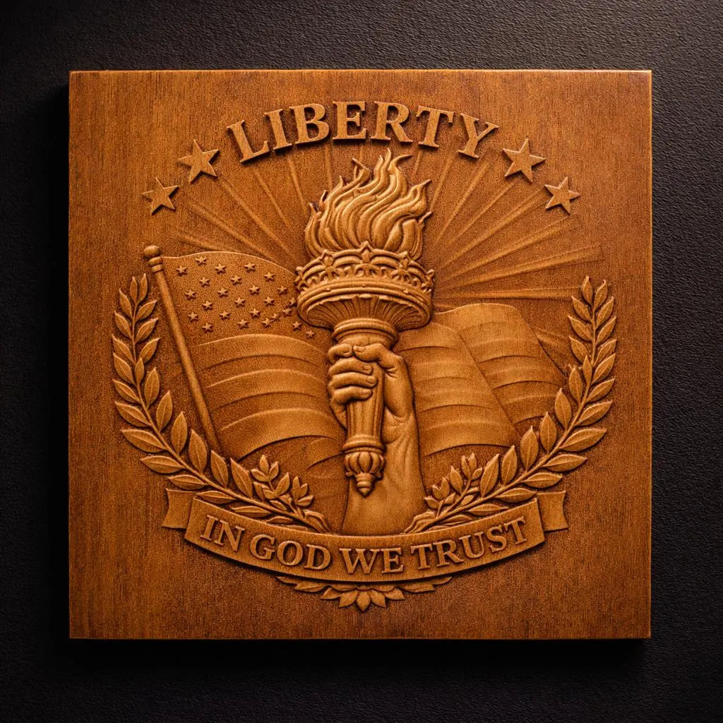 Form Arcade’s Liberty Torch Crest Relief STL File features a CNC-ready design of a hand holding a torch, American flag, laurel leaves, and the inscriptions LIBERTY and IN GOD WE TRUST—a patriotic touch for your wall art projects.