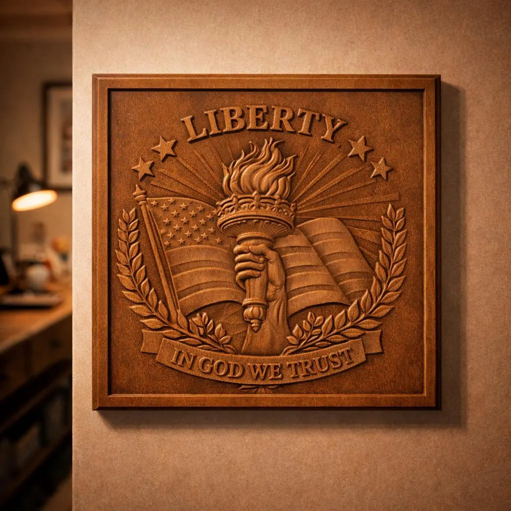 The "Liberty Torch Crest Relief STL File" by Form Arcade is patriotic CNC wall art featuring a hand holding a torch, American flag, laurel branches, stars, and the words LIBERTY and IN GOD WE TRUST.