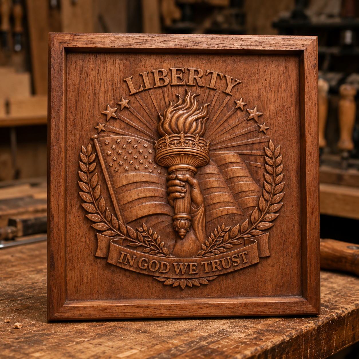 The Liberty Torch Crest Relief STL File by Form Arcade is a patriotic CNC wall art design with a hand-held torch, laurel branches, American flag, stars, and the words LIBERTY and IN GOD WE TRUST.