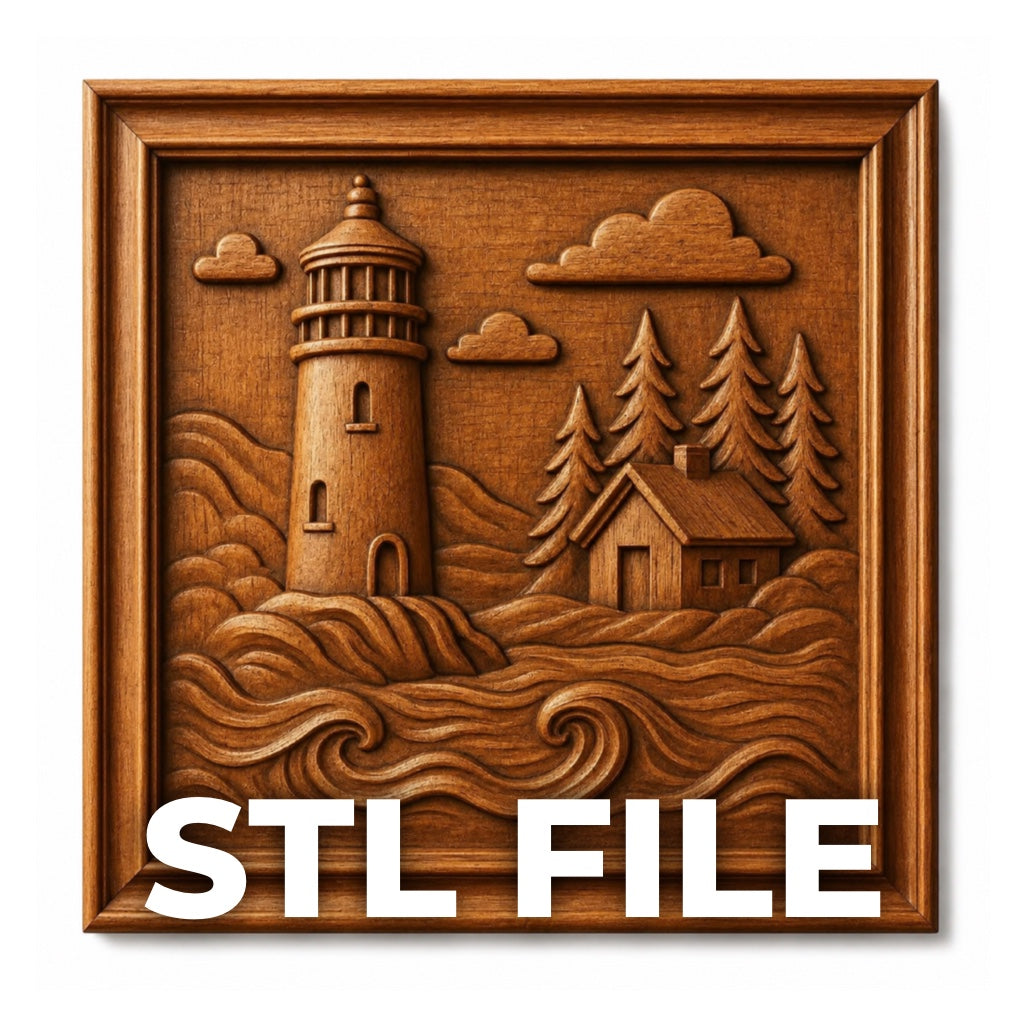 The Lighthouse Coast Relief STL File by Form Arcade features a lighthouse, house, trees, clouds, and waves in a wood-framed design. "STL FILE" appears boldly below—ideal for 3D printing or CNC wall art projects.