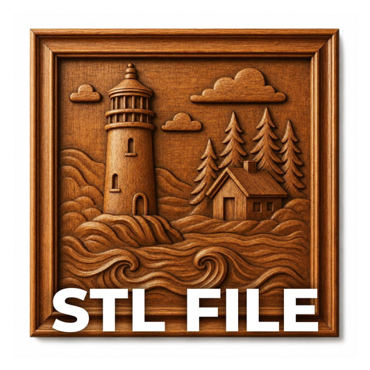 The Lighthouse Coast Relief STL File by Form Arcade features a lighthouse, house, trees, clouds, and waves in a wood-framed design. "STL FILE" appears boldly below—ideal for 3D printing or CNC wall art projects.