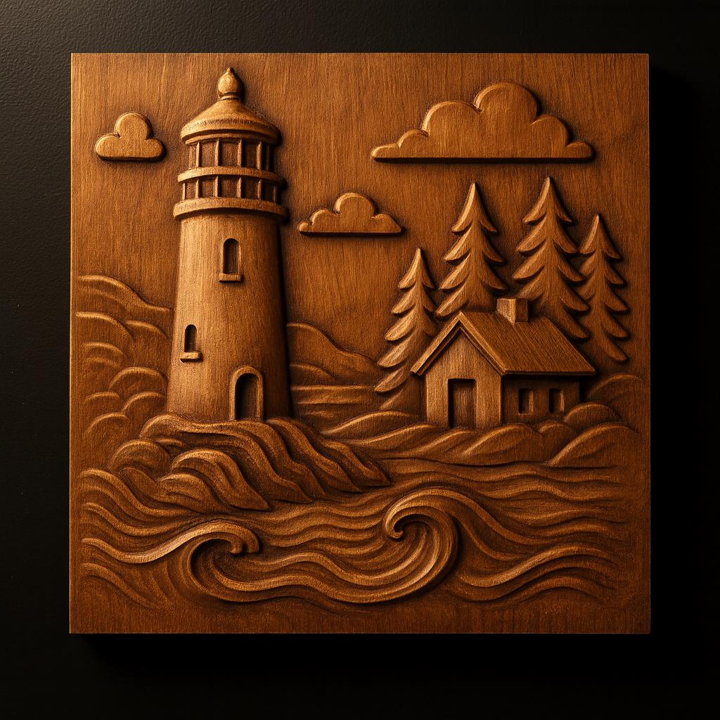 The Lighthouse Coast Relief STL File by Form Arcade features a nautical CNC wall art design with a lighthouse, waves, cabin, pine trees, and a partly cloudy sky.