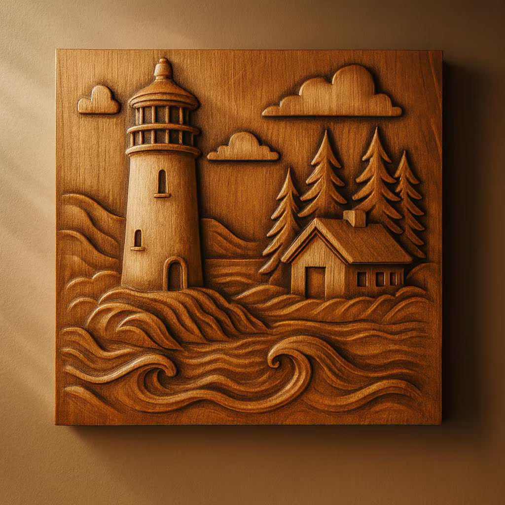 The Lighthouse Coast Relief STL File by Form Arcade features a detailed nautical CNC wall art design with a lighthouse, house, trees, clouds, and waves intricately carved on a square plaque for striking coastal decor.
