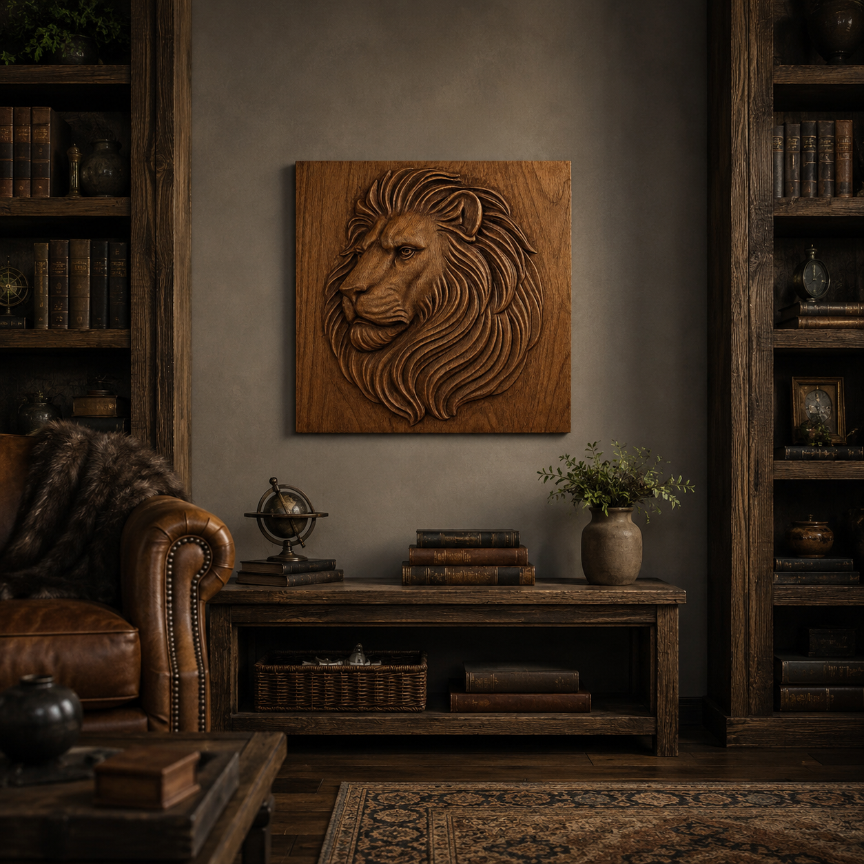 A cozy study with dark wooden shelves, a leather chair, and the Lion Head Portrait CNC Relief STL File by Form Arcade mounted above a rustic table with stacked books and a potted plant.